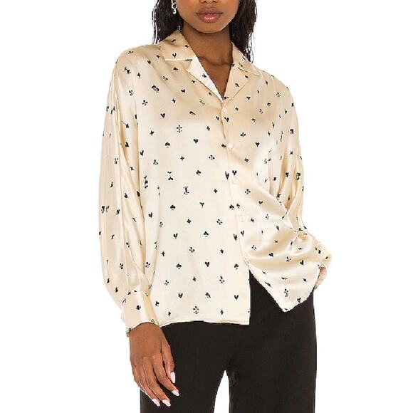Revolve - Tell Your Friends Dolman Silk Shirt in Plaisantin Cream & Black - Picture 1 of 8